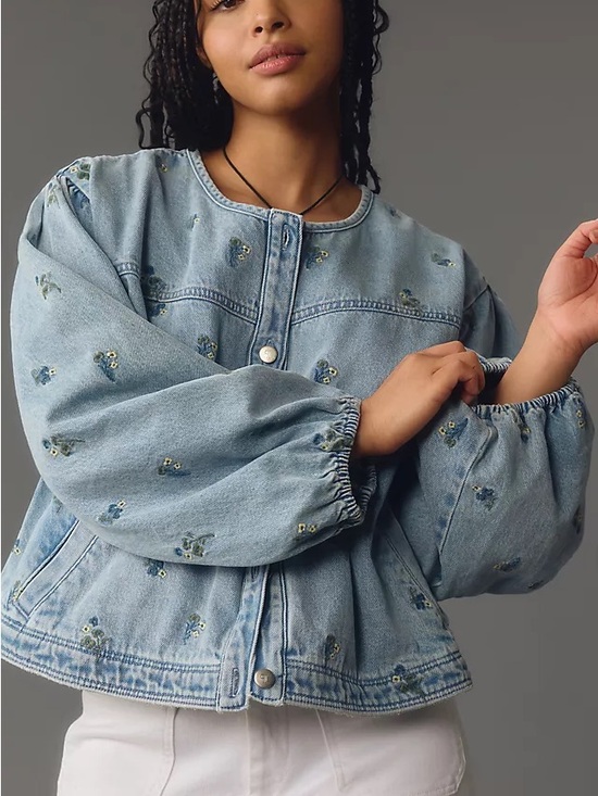 Anthropologie Jackets & Blazers - Pilcro Collarless Embroidered Denim Swing Jacket